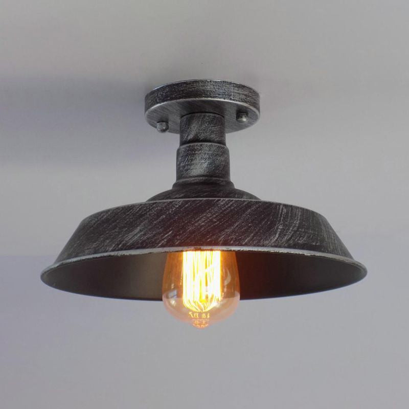 Farmhouse Barn Shade Semi-Flush Mount 1 Head Wrought Iron Ceiling Light Fixture in Aged Silver/Weathered Copper Clearhalo 'Ceiling Lights' 'Close To Ceiling Lights' 'Close to ceiling' 'Flush mount' 'Industrial Flush Mount' Lighting' 679177