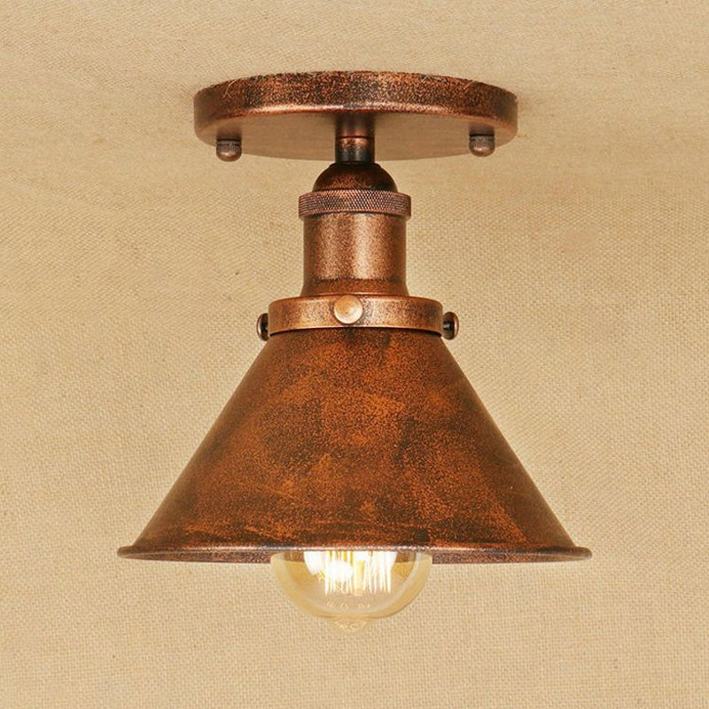Metallic Conical Semi Flush Light Vintage Style 1 Head Corridor Semi Flush Mount Lighting in Brass/Copper Clearhalo 'Ceiling Lights' 'Close To Ceiling Lights' 'Close to ceiling' 'Semi-flushmount' Lighting' 679179