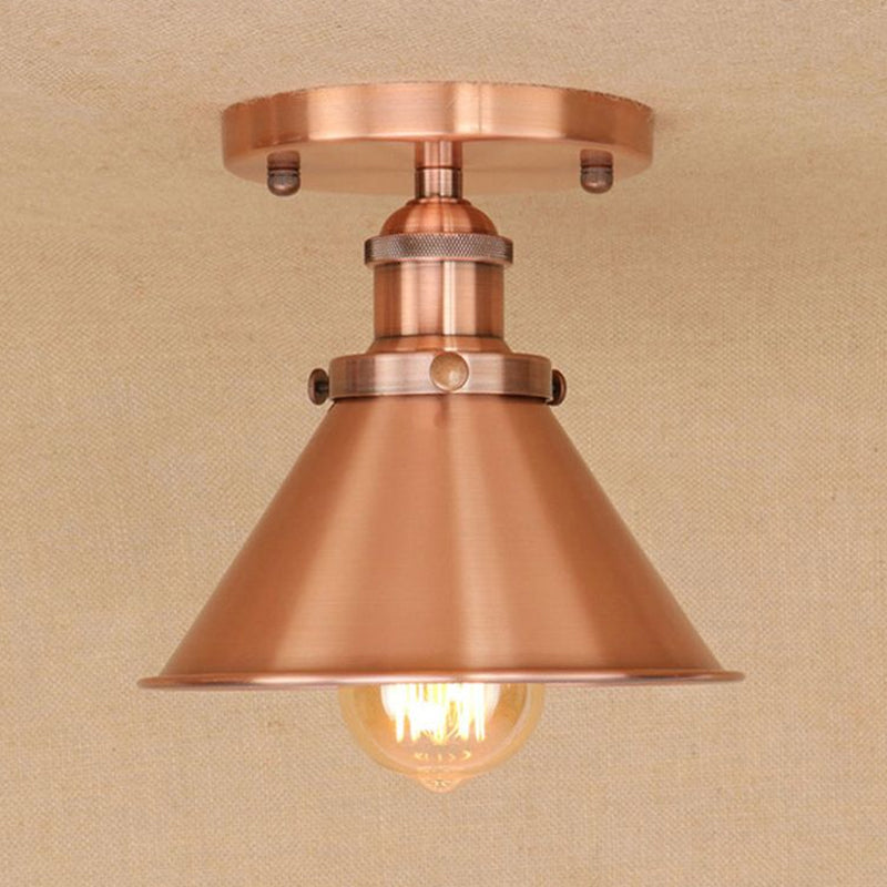 Metallic Conical Semi Flush Light Vintage Style 1 Head Corridor Semi Flush Mount Lighting in Brass/Copper Clearhalo 'Ceiling Lights' 'Close To Ceiling Lights' 'Close to ceiling' 'Semi-flushmount' Lighting' 679180