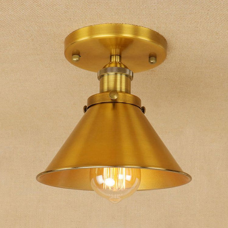 Metallic Conical Semi Flush Light Vintage Style 1 Head Corridor Semi Flush Mount Lighting in Brass/Copper Clearhalo 'Ceiling Lights' 'Close To Ceiling Lights' 'Close to ceiling' 'Semi-flushmount' Lighting' 679181