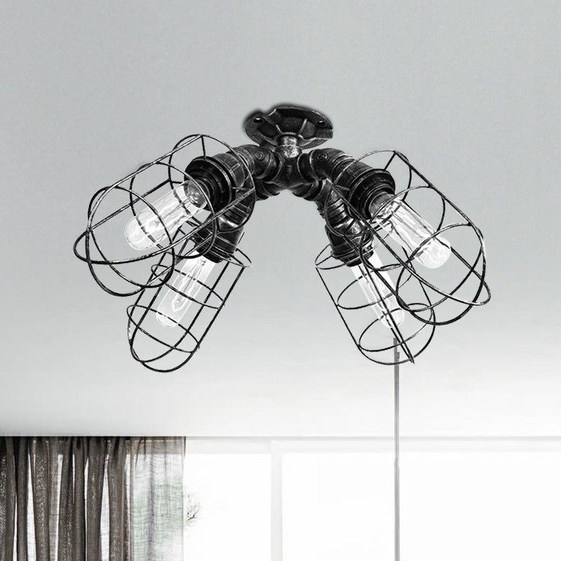 Caged Bedroom Semi-Flush Ceiling Fixture Rustic Industrial Iron 4 Bulbs Bronze/Aged Silver Ceiling Lamp with Pipe Design Clearhalo 'Ceiling Lights' 'Close To Ceiling Lights' 'Close to ceiling' 'Semi-flushmount' Lighting' 679182