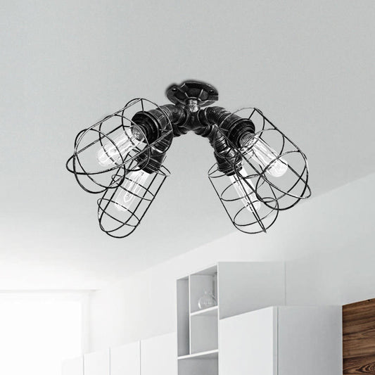 Caged Bedroom Semi-Flush Ceiling Fixture Rustic Industrial Iron 4 Bulbs Bronze/Aged Silver Ceiling Lamp with Pipe Design Clearhalo 'Ceiling Lights' 'Close To Ceiling Lights' 'Close to ceiling' 'Semi-flushmount' Lighting' 679183