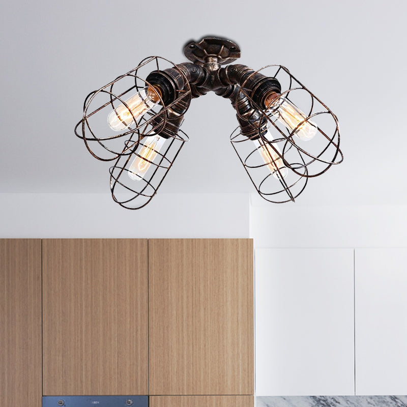 Caged Bedroom Semi-Flush Ceiling Fixture Rustic Industrial Iron 4 Bulbs Bronze/Aged Silver Ceiling Lamp with Pipe Design Clearhalo 'Ceiling Lights' 'Close To Ceiling Lights' 'Close to ceiling' 'Semi-flushmount' Lighting' 679184