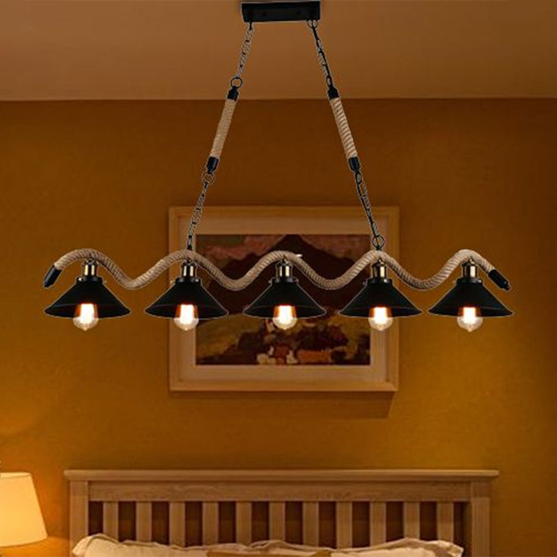 Farmhouse Style Conic Island Lamp 3/5 Bulbs Metal and Rope Pendant Light with Wavy Design in Black Clearhalo 'Ceiling Lights' 'Island Lights' Lighting' 679194