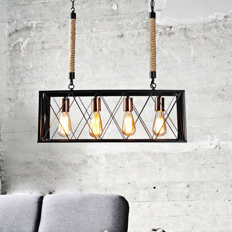 Linear Metal Island Lighting with X-Cage Shade Vintage Industrial 4 Bulbs Living Room Island Pendant Light in Black Clearhalo 'Ceiling Lights' 'Island Lights' Lighting' 679195