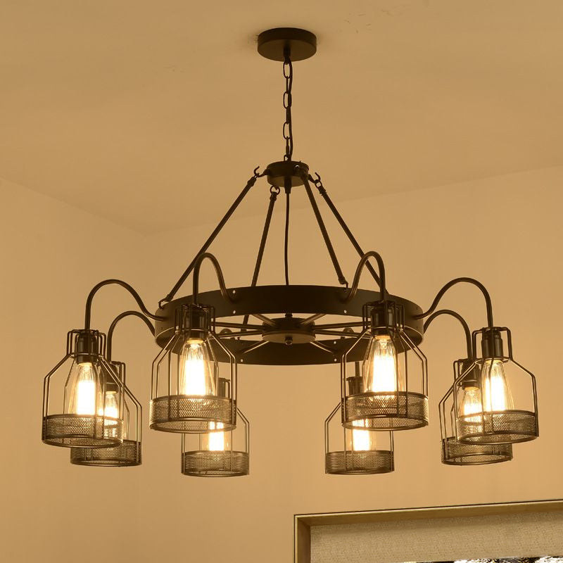 6/8 Heads Bell Hanging Lamp with Cage Style Frame Farmhouse Black Metal Chandelier Light Fixture Clearhalo 'Cast Iron' 'Ceiling Lights' 'Chandeliers' 'Industrial Chandeliers' 'Industrial' 'Metal' 'Middle Century Chandeliers' 'Rustic Chandeliers' 'Tiffany' Lighting' 679201