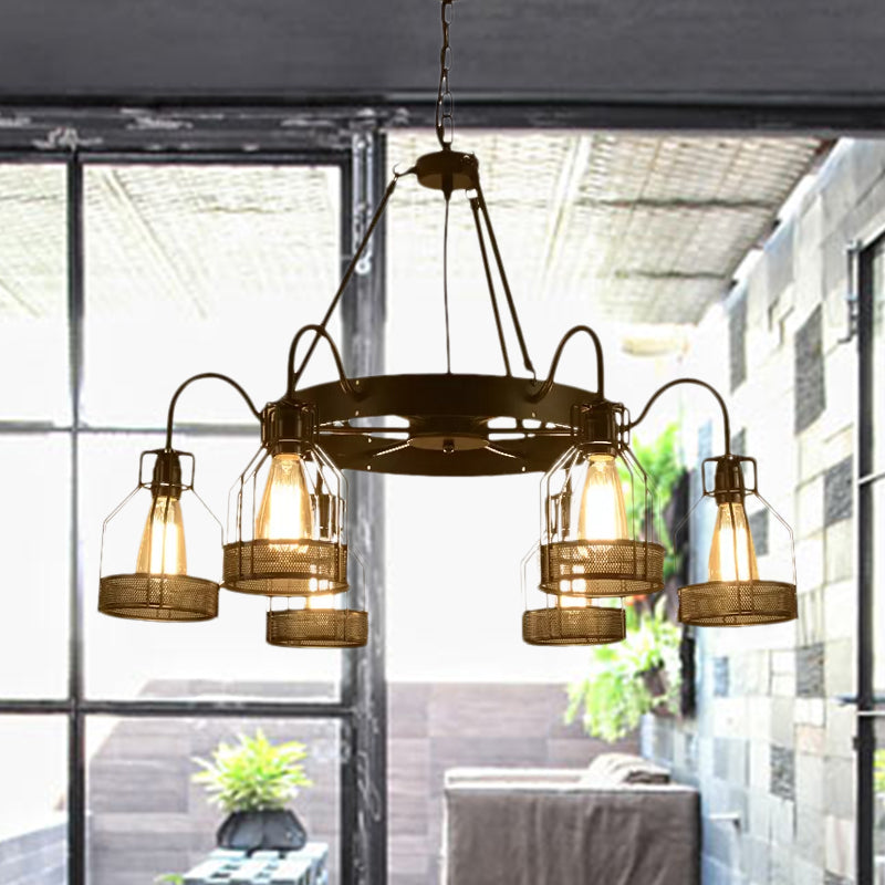 6/8 Heads Bell Hanging Lamp with Cage Style Frame Farmhouse Black Metal Chandelier Light Fixture Clearhalo 'Cast Iron' 'Ceiling Lights' 'Chandeliers' 'Industrial Chandeliers' 'Industrial' 'Metal' 'Middle Century Chandeliers' 'Rustic Chandeliers' 'Tiffany' Lighting' 679202