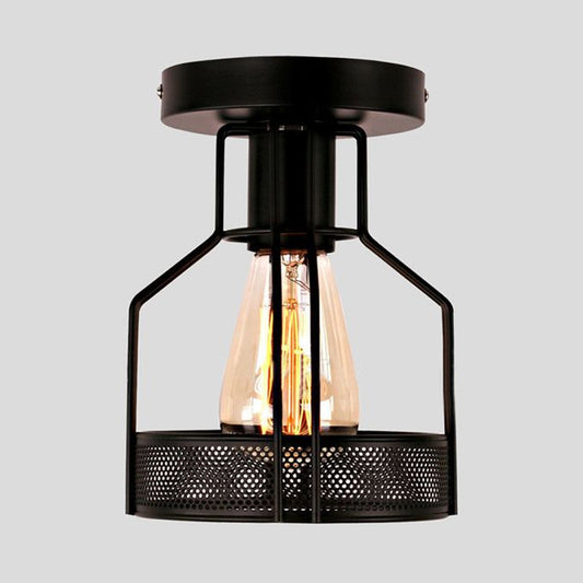 1 Head Cage Semi Flush Mount Light with Mesh Screen Industrial Loft Black Metal Ceiling Lighting for Dining Room Clearhalo 'Ceiling Lights' 'Close To Ceiling Lights' 'Close to ceiling' 'Semi-flushmount' Lighting' 679203