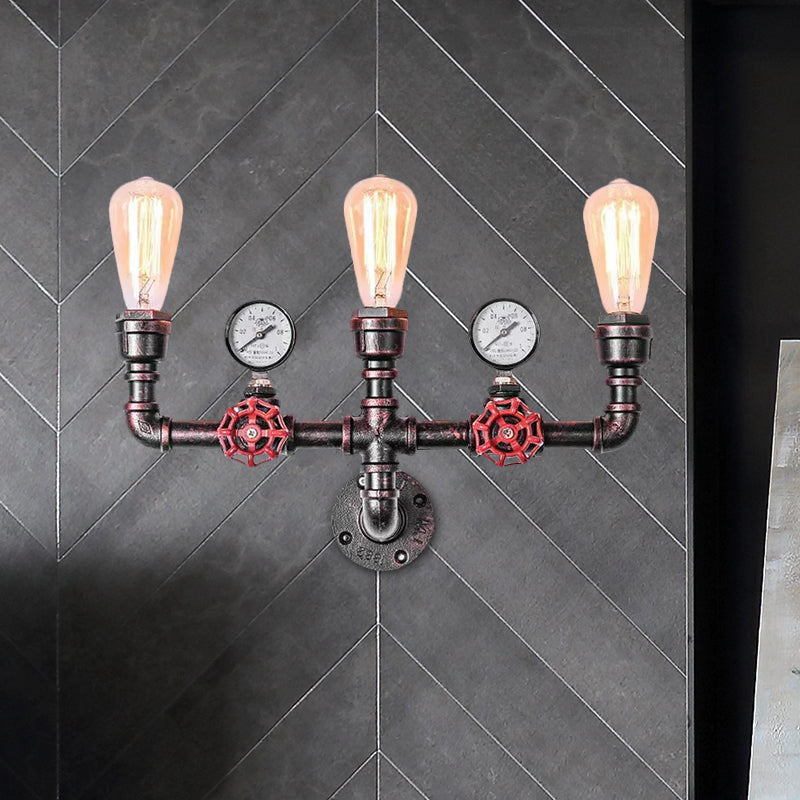 Antique Copper Water Pipe Wall Lighting with Pressure Gauge Rustic Iron 2/3 Heads Restaurant Wall Mount Light Clearhalo 'Art deco wall lights' 'Cast Iron' 'Glass' 'Industrial wall lights' 'Industrial' 'Middle century wall lights' 'Modern' 'Rustic wall lights' 'Tiffany' 'Traditional wall lights' 'Wall Lamps & Sconces' 'Wall Lights' Lighting' 679209