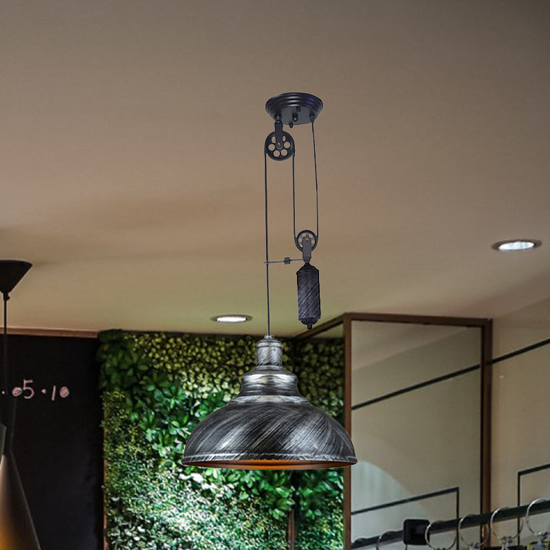 Rustic Industrial Dome Hanging Lamp with Pulley 1 Light Metal Pendant Light Fixture in Brown/Grey for Living Room Clearhalo 'Art Deco Pendants' 'Cast Iron' 'Ceiling Lights' 'Ceramic' 'Crystal' 'Industrial Pendants' 'Industrial' 'Metal' 'Middle Century Pendants' 'Pendant Lights' 'Pendants' 'Tiffany' Lighting' 679219