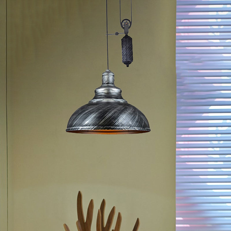 Rustic Industrial Dome Hanging Lamp with Pulley 1 Light Metal Pendant Light Fixture in Brown/Grey for Living Room Clearhalo 'Art Deco Pendants' 'Cast Iron' 'Ceiling Lights' 'Ceramic' 'Crystal' 'Industrial Pendants' 'Industrial' 'Metal' 'Middle Century Pendants' 'Pendant Lights' 'Pendants' 'Tiffany' Lighting' 679220