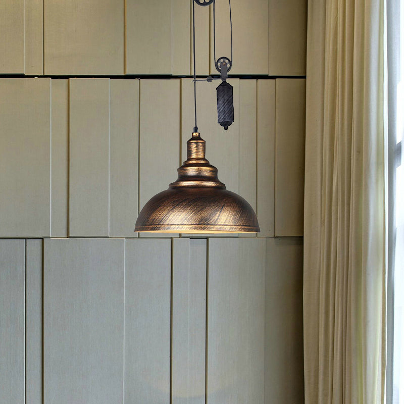 Rustic Industrial Dome Hanging Lamp with Pulley 1 Light Metal Pendant Light Fixture in Brown/Grey for Living Room Clearhalo 'Art Deco Pendants' 'Cast Iron' 'Ceiling Lights' 'Ceramic' 'Crystal' 'Industrial Pendants' 'Industrial' 'Metal' 'Middle Century Pendants' 'Pendant Lights' 'Pendants' 'Tiffany' Lighting' 679222