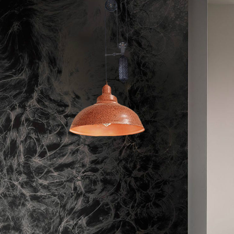 Rustic Industrial Dome Hanging Lamp with Pulley 1 Light Metal Pendant Light Fixture in Brown/Grey for Living Room Clearhalo 'Art Deco Pendants' 'Cast Iron' 'Ceiling Lights' 'Ceramic' 'Crystal' 'Industrial Pendants' 'Industrial' 'Metal' 'Middle Century Pendants' 'Pendant Lights' 'Pendants' 'Tiffany' Lighting' 679224