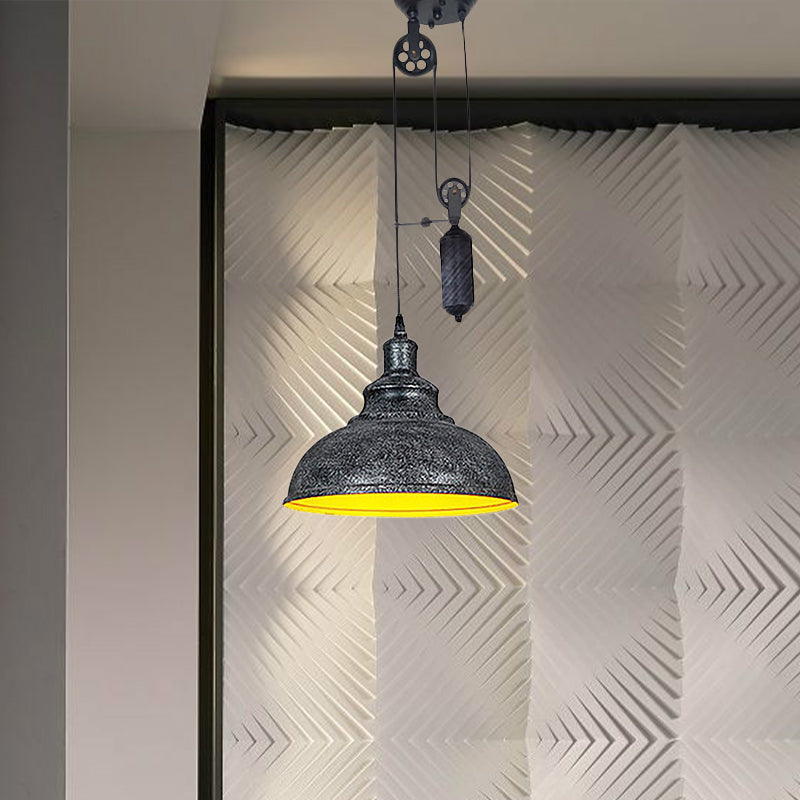 Rustic Industrial Dome Hanging Lamp with Pulley 1 Light Metal Pendant Light Fixture in Brown/Grey for Living Room Clearhalo 'Art Deco Pendants' 'Cast Iron' 'Ceiling Lights' 'Ceramic' 'Crystal' 'Industrial Pendants' 'Industrial' 'Metal' 'Middle Century Pendants' 'Pendant Lights' 'Pendants' 'Tiffany' Lighting' 679225