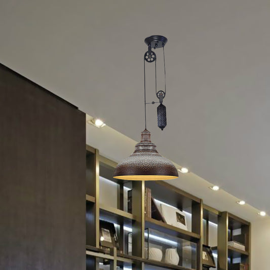 Rustic Industrial Dome Hanging Lamp with Pulley 1 Light Metal Pendant Light Fixture in Brown/Grey for Living Room Clearhalo 'Art Deco Pendants' 'Cast Iron' 'Ceiling Lights' 'Ceramic' 'Crystal' 'Industrial Pendants' 'Industrial' 'Metal' 'Middle Century Pendants' 'Pendant Lights' 'Pendants' 'Tiffany' Lighting' 679227