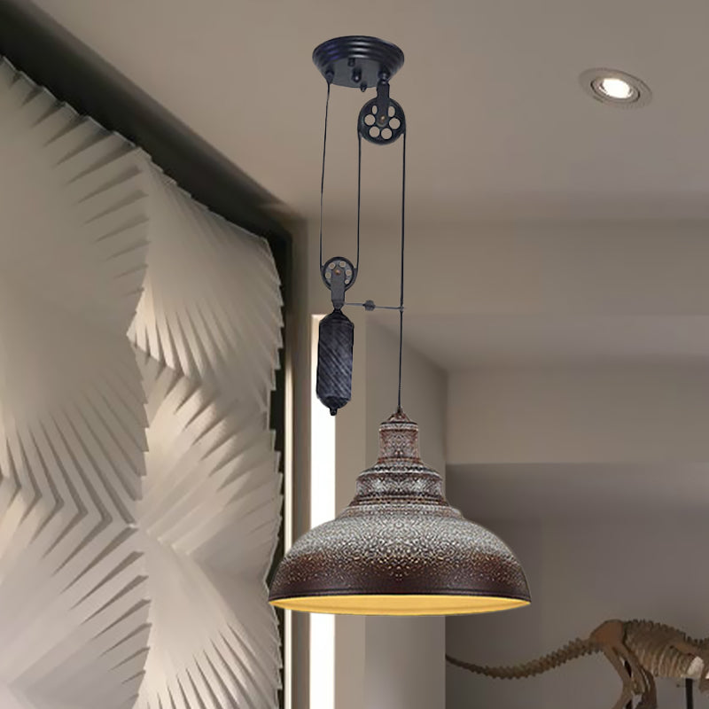 Rustic Industrial Dome Hanging Lamp with Pulley 1 Light Metal Pendant Light Fixture in Brown/Grey for Living Room Clearhalo 'Art Deco Pendants' 'Cast Iron' 'Ceiling Lights' 'Ceramic' 'Crystal' 'Industrial Pendants' 'Industrial' 'Metal' 'Middle Century Pendants' 'Pendant Lights' 'Pendants' 'Tiffany' Lighting' 679228