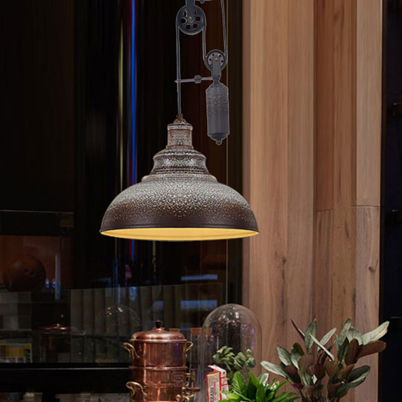 Rustic Industrial Dome Hanging Lamp with Pulley 1 Light Metal Pendant Light Fixture in Brown/Grey for Living Room Clearhalo 'Art Deco Pendants' 'Cast Iron' 'Ceiling Lights' 'Ceramic' 'Crystal' 'Industrial Pendants' 'Industrial' 'Metal' 'Middle Century Pendants' 'Pendant Lights' 'Pendants' 'Tiffany' Lighting' 679229