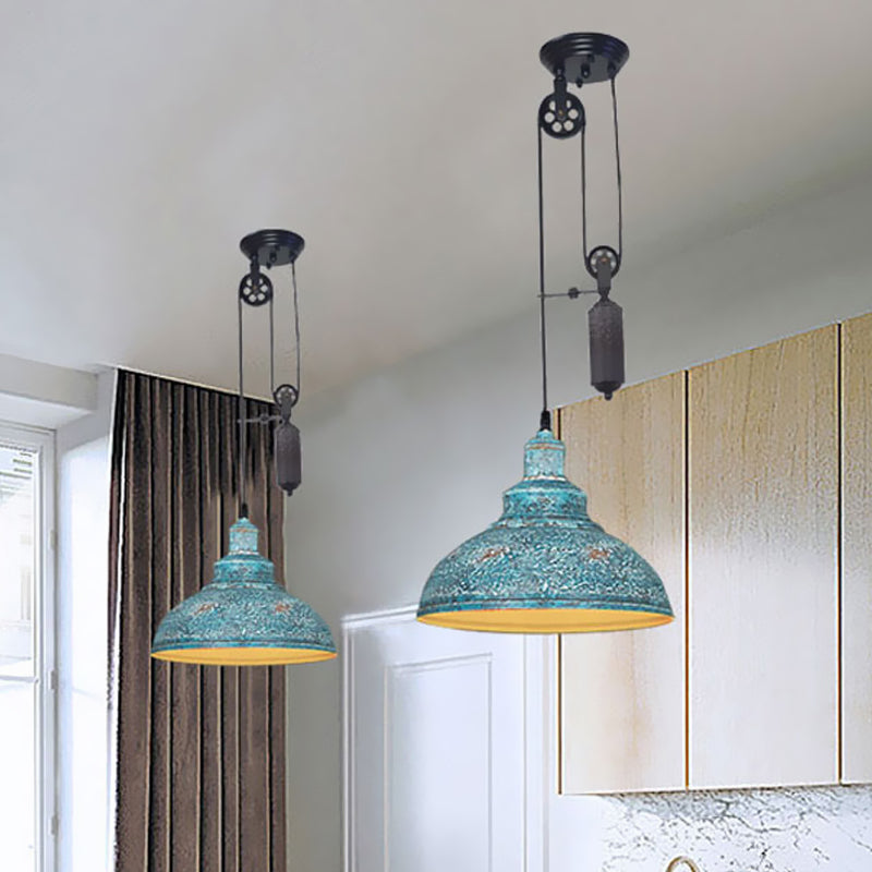 Rustic Industrial Dome Hanging Lamp with Pulley 1 Light Metal Pendant Light Fixture in Brown/Grey for Living Room Clearhalo 'Art Deco Pendants' 'Cast Iron' 'Ceiling Lights' 'Ceramic' 'Crystal' 'Industrial Pendants' 'Industrial' 'Metal' 'Middle Century Pendants' 'Pendant Lights' 'Pendants' 'Tiffany' Lighting' 679230