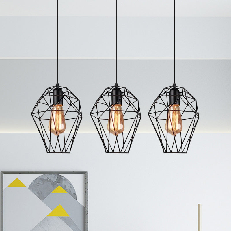 Metallic Black Suspended Light Geometric 3 Bulbs Vintage Ceiling Pendant Lamp with Cage Shade and Round/Linear Canopy Clearhalo 'Art Deco Pendants' 'Black' 'Cast Iron' 'Ceiling Lights' 'Ceramic' 'Crystal' 'Industrial Pendants' 'Industrial' 'Metal' 'Middle Century Pendants' 'Pendant Lights' 'Pendants' 'Rustic Pendants' 'Tiffany' Lighting' 679258