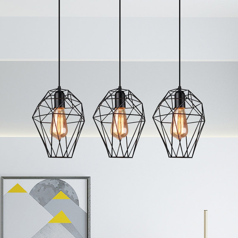Metallic Black Suspended Light Geometric 3 Bulbs Vintage Ceiling Pendant Lamp with Cage Shade and Round/Linear Canopy Clearhalo 'Art Deco Pendants' 'Black' 'Cast Iron' 'Ceiling Lights' 'Ceramic' 'Crystal' 'Industrial Pendants' 'Industrial' 'Metal' 'Middle Century Pendants' 'Pendant Lights' 'Pendants' 'Rustic Pendants' 'Tiffany' Lighting' 679258