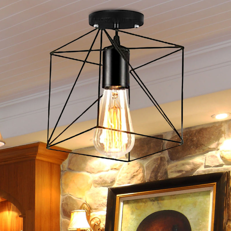 Barn/Oval Restaurant Semi Flush Mount Light with Cage Shade Farmhouse Metal 1 Light Black Ceiling Light Fixture Clearhalo 'Ceiling Lights' 'Close To Ceiling Lights' 'Close to ceiling' 'Semi-flushmount' Lighting' 679263