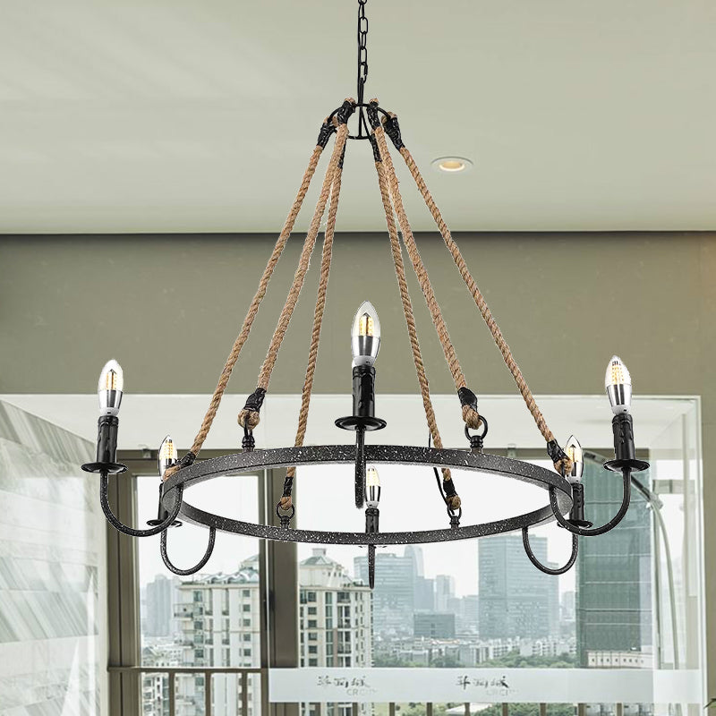 Vintage Candle Chandelier Lamp with Open Bulb 6 Heads Metal and Rope Ceiling Pendant Lamp in Black/Rust for Restaurant Clearhalo 'Cast Iron' 'Ceiling Lights' 'Chandeliers' 'Industrial Chandeliers' 'Industrial' 'Metal' 'Middle Century Chandeliers' 'Rustic Chandeliers' 'Tiffany' Lighting' 679266