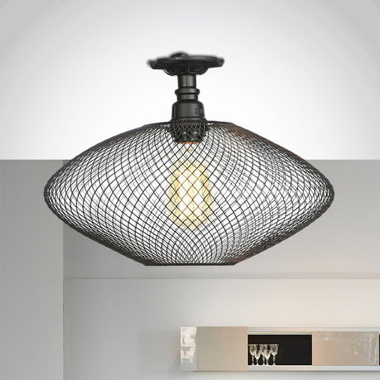1 Bulb Saucer/Barrel Semi Flush Light Industrial Stylish Black Finish Metal Ceiling Mounted Light with Mesh Screen Clearhalo 'Ceiling Lights' 'Close To Ceiling Lights' 'Close to ceiling' 'Semi-flushmount' Lighting' 679286