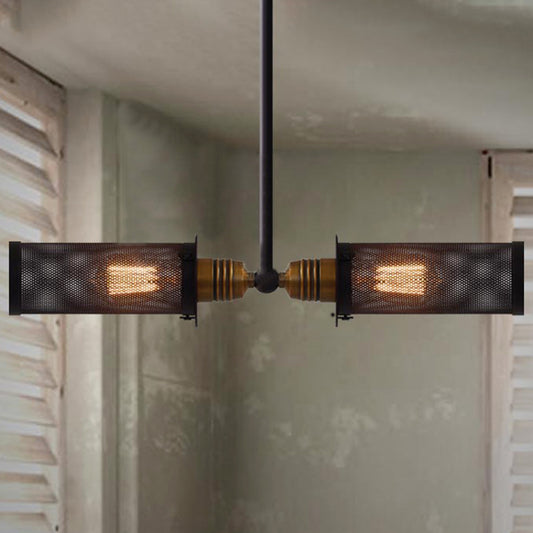Black Cylinder Chandelier Lamp with Mesh Shade Vintage Style Iron 2 Lights Indoor Pendant Lighting Clearhalo 'Cast Iron' 'Ceiling Lights' 'Chandeliers' 'Industrial Chandeliers' 'Industrial' 'Metal' 'Middle Century Chandeliers' 'Rustic Chandeliers' 'Tiffany' Lighting' 679292