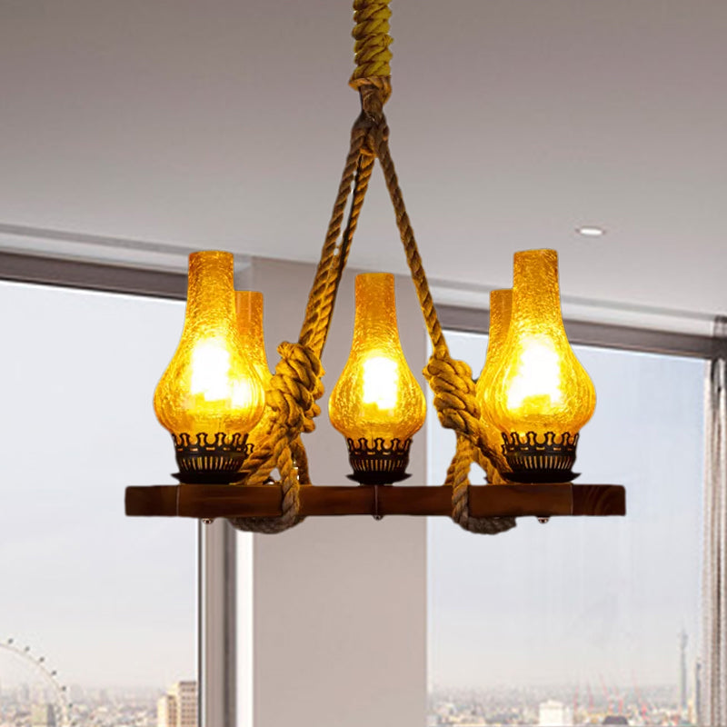 Yellow 5 Lights Pendant Lamp Country Stylish Rope and Cracked Glass Teardrop Shade Chandelier Lighting Clearhalo 'Ceiling Lights' 'Chandeliers' 'Industrial Chandeliers' 'Industrial' 'Middle Century Chandeliers' 'Tiffany' Lighting' 679304