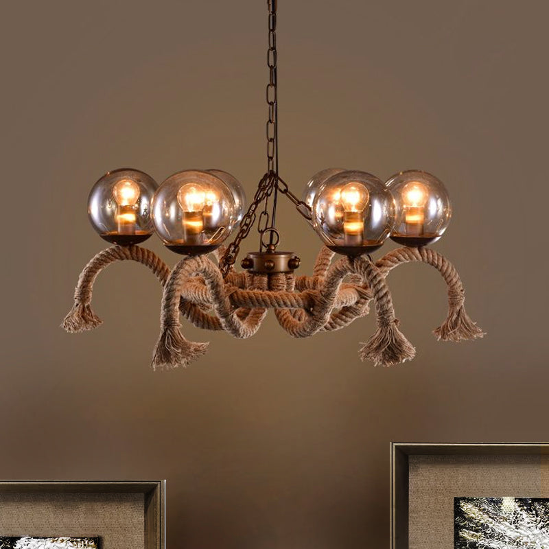 6 Lights Global Chandelier Lighting Retro Rust Finish Rope Suspension Light with Smoke Grey Glass Shade Clearhalo 'Ceiling Lights' 'Chandeliers' 'Industrial Chandeliers' 'Industrial' 'Middle Century Chandeliers' 'Tiffany' Lighting' 679306