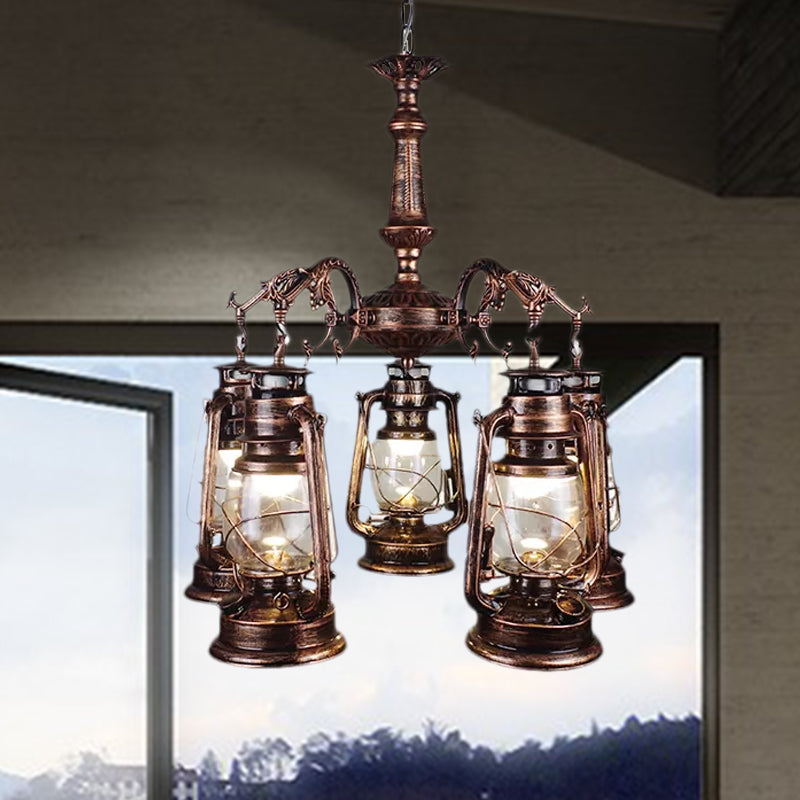 5 Lights Clear Glass Pendant Chandelier Antique Stylish Bronze/Copper Kerosene Dining Room Hanging Ceiling Fixture Clearhalo 'Cast Iron' 'Ceiling Lights' 'Chandeliers' 'Industrial Chandeliers' 'Industrial' 'Metal' 'Middle Century Chandeliers' 'Rustic Chandeliers' 'Tiffany' Lighting' 679307