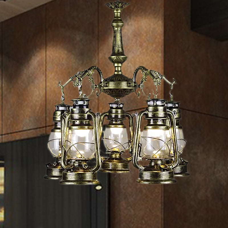 5 Lights Clear Glass Pendant Chandelier Antique Stylish Bronze/Copper Kerosene Dining Room Hanging Ceiling Fixture Clearhalo 'Cast Iron' 'Ceiling Lights' 'Chandeliers' 'Industrial Chandeliers' 'Industrial' 'Metal' 'Middle Century Chandeliers' 'Rustic Chandeliers' 'Tiffany' Lighting' 679308