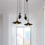 Flared Shade Metal Pendant Lighting Industrial 2 Lights Warehouse Ceiling Light Fixture with Pulley in Black Clearhalo 'Art Deco Pendants' 'Black' 'Cast Iron' 'Ceiling Lights' 'Ceramic' 'Crystal' 'Industrial Pendants' 'Industrial' 'Metal' 'Middle Century Pendants' 'Pendant Lights' 'Pendants' 'Rustic Pendants' 'Tiffany' Lighting' 679316
