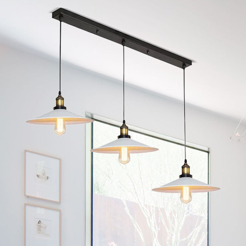 Industrial Saucer Hanging Ceiling Light 3 Lights Metal Pendant Lighting with Linear/Round Canopy in White Clearhalo 'Art Deco Pendants' 'Cast Iron' 'Ceiling Lights' 'Ceramic' 'Crystal' 'Industrial Pendants' 'Industrial' 'Metal' 'Middle Century Pendants' 'Pendant Lights' 'Pendants' 'Tiffany' Lighting' 679320