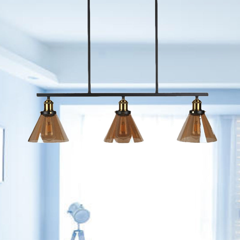 Amber Glass Cone/Globe Island Pendant Light Vintage 3 Lights Dining Room Hanging Lamp Clearhalo 'Ceiling Lights' 'Chandeliers' 'Glass shade' 'Glass' 'Island Lights' Lighting' 679360