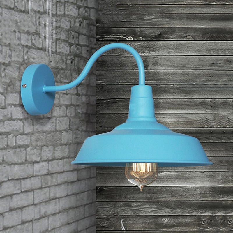 Industrial Stylish Barn Wall Sconce Lamp 1 Bulb Metallic Sconce Wall Lighting with Gooseneck Arm in Blue/Pink, 10"/14" Wide Clearhalo 'Art deco wall lights' 'Cast Iron' 'Glass' 'Industrial wall lights' 'Industrial' 'Middle century wall lights' 'Modern' 'Rustic wall lights' 'Tiffany' 'Traditional wall lights' 'Wall Lamps & Sconces' 'Wall Lights' Lighting' 679383