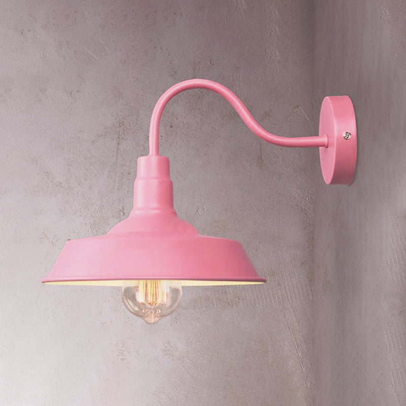Industrial Stylish Barn Wall Sconce Lamp 1 Bulb Metallic Sconce Wall Lighting with Gooseneck Arm in Blue/Pink, 10"/14" Wide Clearhalo 'Art deco wall lights' 'Cast Iron' 'Glass' 'Industrial wall lights' 'Industrial' 'Middle century wall lights' 'Modern' 'Rustic wall lights' 'Tiffany' 'Traditional wall lights' 'Wall Lamps & Sconces' 'Wall Lights' Lighting' 679385