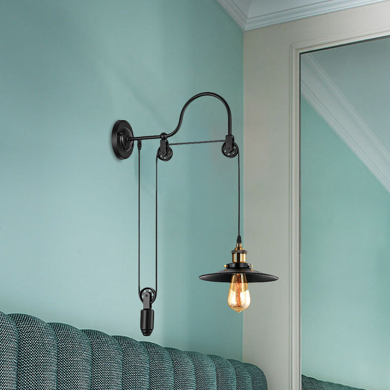 1 Bulb Flat Wall Mounted Lamp Industrial Style Black Metallic Adjustable Wall Lighting Fixture with Pulley Design Clearhalo 'Art deco wall lights' 'Cast Iron' 'Glass' 'Industrial wall lights' 'Industrial' 'Middle century wall lights' 'Modern' 'Rustic wall lights' 'Tiffany' 'Traditional wall lights' 'Wall Lamps & Sconces' 'Wall Lights' Lighting' 679394