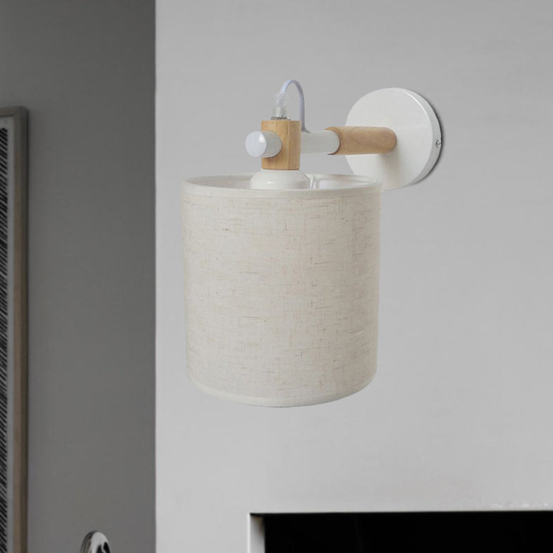 Fabric Cylindrical Sconce Wall Light Modernist 1 Light Bedroom Wall Mount Fixture with Wooden Joint in Black/White Clearhalo 'Industrial wall lights' 'Industrial' 'Middle century wall lights' 'Rustic wall lights' 'Tiffany' 'Wall Lamps & Sconces' 'Wall Lights' Lighting' 679403