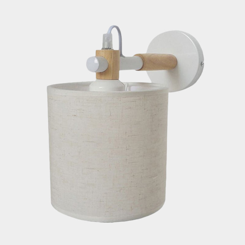Fabric Cylindrical Sconce Wall Light Modernist 1 Light Bedroom Wall Mount Fixture with Wooden Joint in Black/White Clearhalo 'Industrial wall lights' 'Industrial' 'Middle century wall lights' 'Rustic wall lights' 'Tiffany' 'Wall Lamps & Sconces' 'Wall Lights' Lighting' 679404