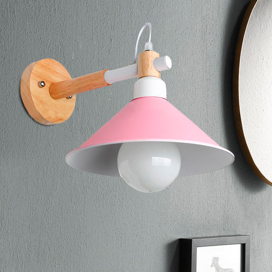 Nordic Stylish Cone Wall Lighting Fixture 1 Head Metallic Sconce Lamp with Wooden Joint in Black/Grey for Hallway Clearhalo 'Cast Iron' 'Glass' 'Industrial' 'Modern wall lights' 'Modern' 'Tiffany' 'Traditional wall lights' 'Wall Lamps & Sconces' 'Wall Lights' Lighting' 679408