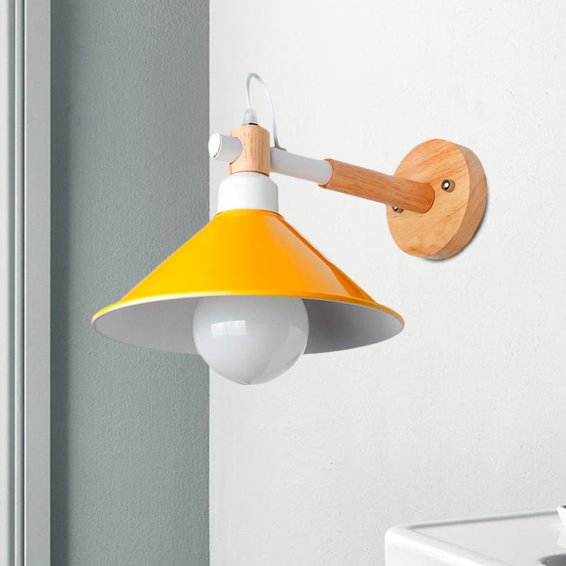 Nordic Stylish Cone Wall Lighting Fixture 1 Head Metallic Sconce Lamp with Wooden Joint in Black/Grey for Hallway Clearhalo 'Cast Iron' 'Glass' 'Industrial' 'Modern wall lights' 'Modern' 'Tiffany' 'Traditional wall lights' 'Wall Lamps & Sconces' 'Wall Lights' Lighting' 679409
