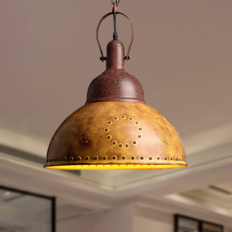 Domed Restaurant Hanging Ceiling Light Antique Style Wrought Iron 1 Light Yellow Pendant Lamp with Rivets Clearhalo 'Art Deco Pendants' 'Cast Iron' 'Ceiling Lights' 'Ceramic' 'Crystal' 'Industrial Pendants' 'Industrial' 'Metal' 'Middle Century Pendants' 'Pendant Lights' 'Pendants' 'Tiffany' Lighting' 679424