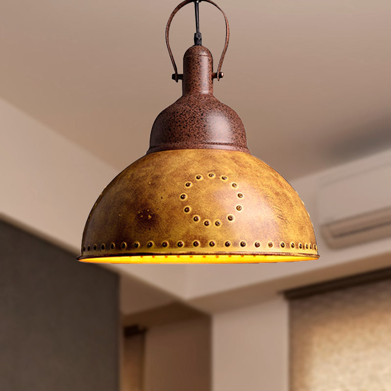 Domed Restaurant Hanging Ceiling Light Antique Style Wrought Iron 1 Light Yellow Pendant Lamp with Rivets Clearhalo 'Art Deco Pendants' 'Cast Iron' 'Ceiling Lights' 'Ceramic' 'Crystal' 'Industrial Pendants' 'Industrial' 'Metal' 'Middle Century Pendants' 'Pendant Lights' 'Pendants' 'Tiffany' Lighting' 679425