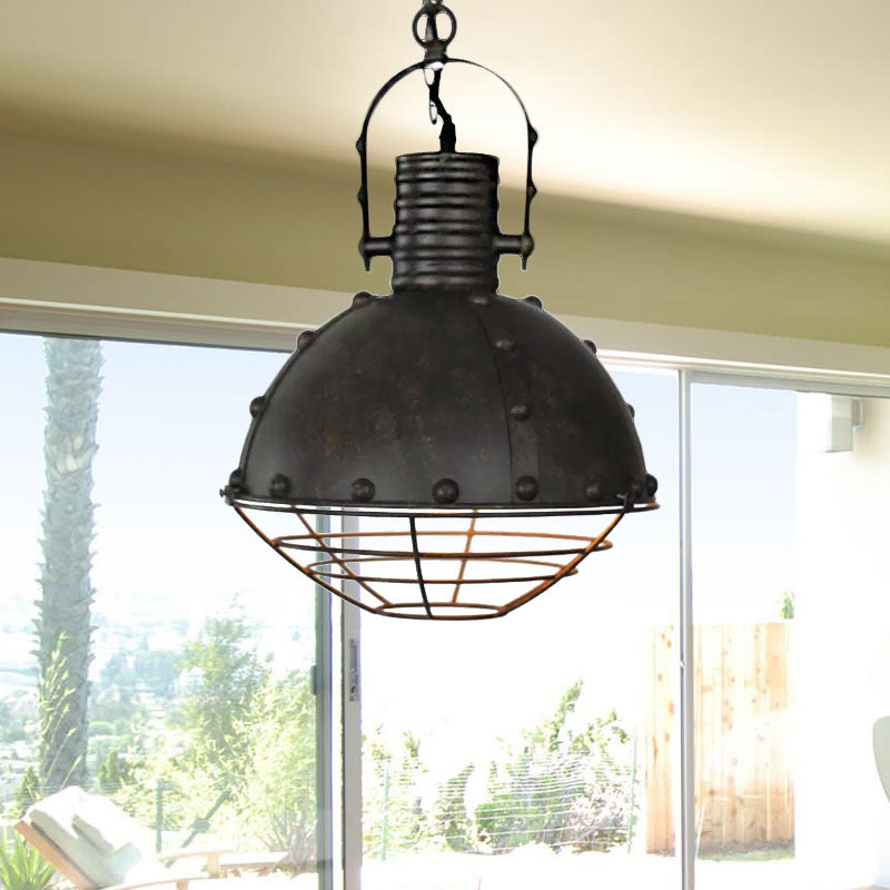 Domed Metal Ceiling Hanging Light Wrought Iron 1 Light Dining Room Pendant Lamp with Wire Guard and Rivets in Black/Green Clearhalo 'Art Deco Pendants' 'Black' 'Cast Iron' 'Ceiling Lights' 'Ceramic' 'Crystal' 'Industrial Pendants' 'Industrial' 'Metal' 'Middle Century Pendants' 'Pendant Lights' 'Pendants' 'Rustic Pendants' 'Tiffany' Lighting' 679427