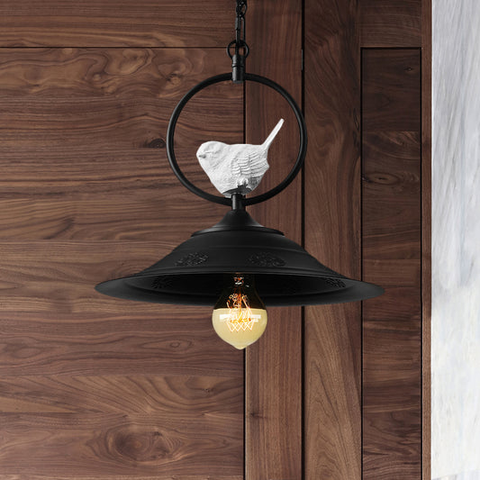 1 Light Bell Design Ceiling Hanging Light Lodge Style Black Metallic Pendant Lamp with Bird Accent Clearhalo 'Art Deco Pendants' 'Black' 'Cast Iron' 'Ceiling Lights' 'Ceramic' 'Crystal' 'Industrial Pendants' 'Industrial' 'Metal' 'Middle Century Pendants' 'Pendant Lights' 'Pendants' 'Rustic Pendants' 'Tiffany' Lighting' 679448