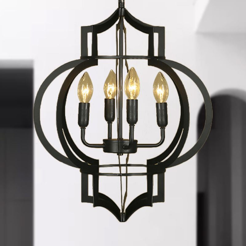 4/6 Bulbs Chandelier Light Vintage Style Lantern Cage Shade Wrought Iron Medium Hanging Lamp in Black Clearhalo 'Cast Iron' 'Ceiling Lights' 'Chandeliers' 'Industrial Chandeliers' 'Industrial' 'Metal' 'Middle Century Chandeliers' 'Rustic Chandeliers' 'Tiffany' Lighting' 679492