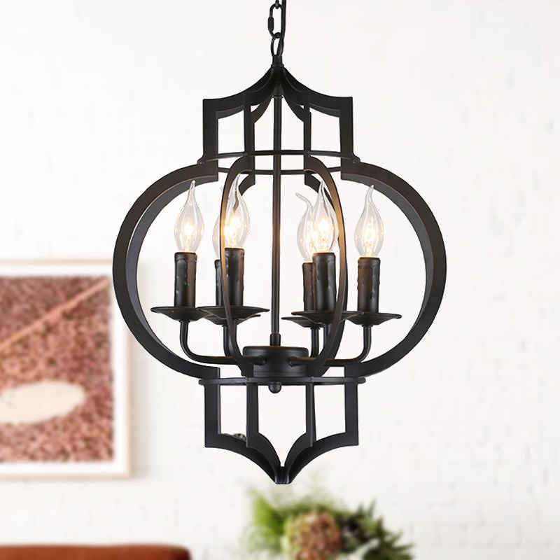 4/6 Bulbs Chandelier Light Vintage Style Lantern Cage Shade Wrought Iron Medium Hanging Lamp in Black Clearhalo 'Cast Iron' 'Ceiling Lights' 'Chandeliers' 'Industrial Chandeliers' 'Industrial' 'Metal' 'Middle Century Chandeliers' 'Rustic Chandeliers' 'Tiffany' Lighting' 679493