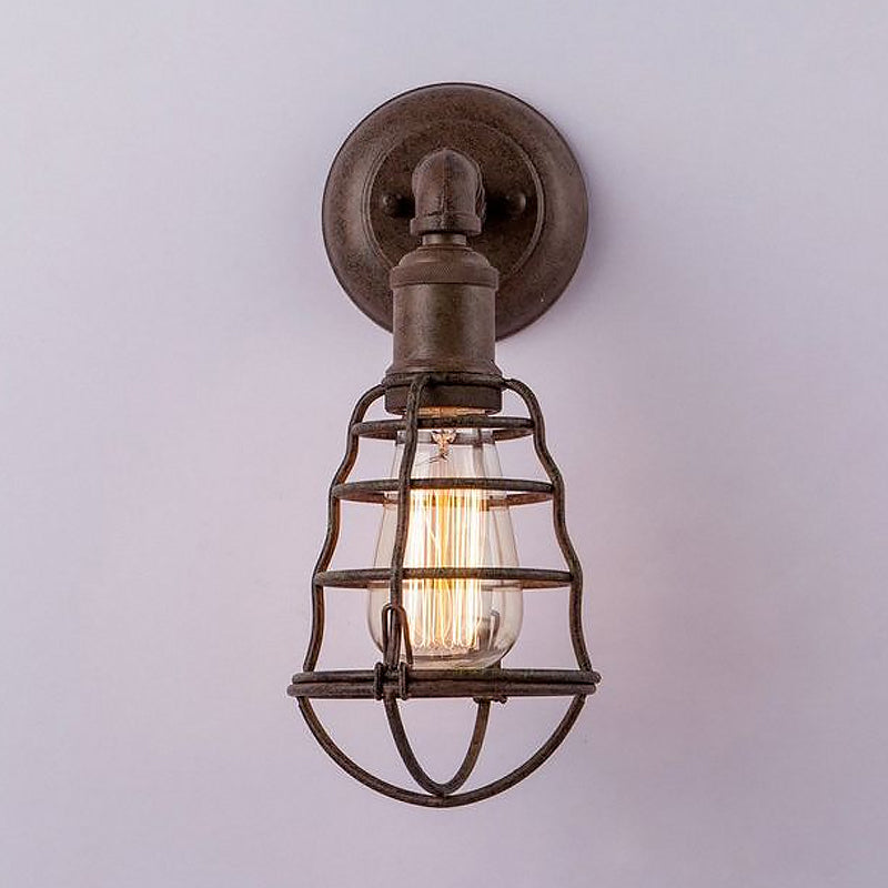Rust Finish Mini Wall Lamp with Cage Shade Antique Style Iron 1 Light Farmhouse Wall Mount Lighting Clearhalo 'Art deco wall lights' 'Cast Iron' 'Glass' 'Industrial wall lights' 'Industrial' 'Middle century wall lights' 'Modern' 'Rustic wall lights' 'Tiffany' 'Traditional wall lights' 'Wall Lamps & Sconces' 'Wall Lights' Lighting' 679500