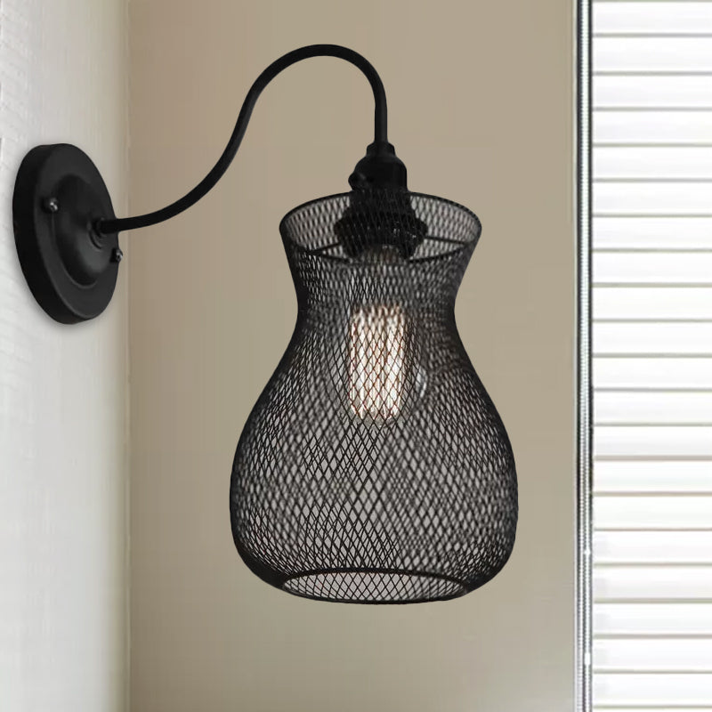 1 Bulb Vase Shape Wall Sconce with Mesh Shade Industrial Style Black Metal Wall Light Fixture for Corridor Clearhalo 'Art deco wall lights' 'Cast Iron' 'Glass' 'Industrial wall lights' 'Industrial' 'Middle century wall lights' 'Modern' 'Rustic wall lights' 'Tiffany' 'Traditional wall lights' 'Wall Lamps & Sconces' 'Wall Lights' Lighting' 679501